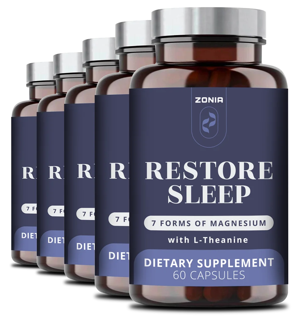 A row of amber Zonia "Restore Sleep" dietary supplement bottles with dark blue labels highlighting "7 Forms of Magnesium with L-Theanine."